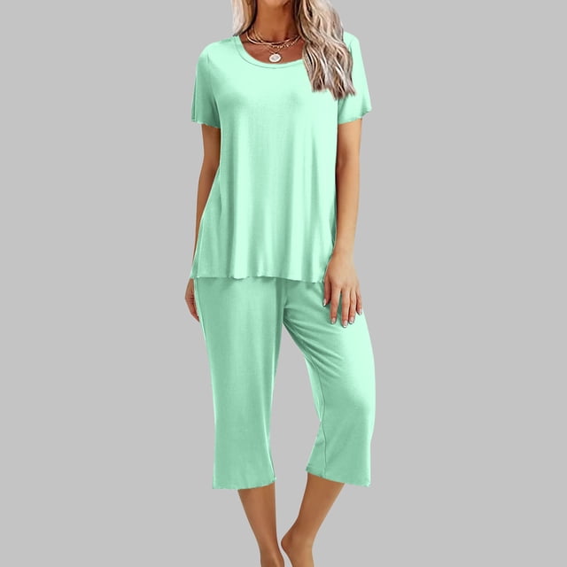 jovatis Shorts pour Femmes Ensemble Tendance pour Femmes, Couleur Unie, Col Rond, Manches Courtes, Chemise de Nuit et Pantalon, Tenue de Détente Pyjama avec Poches HWRETIE HWRETIE
