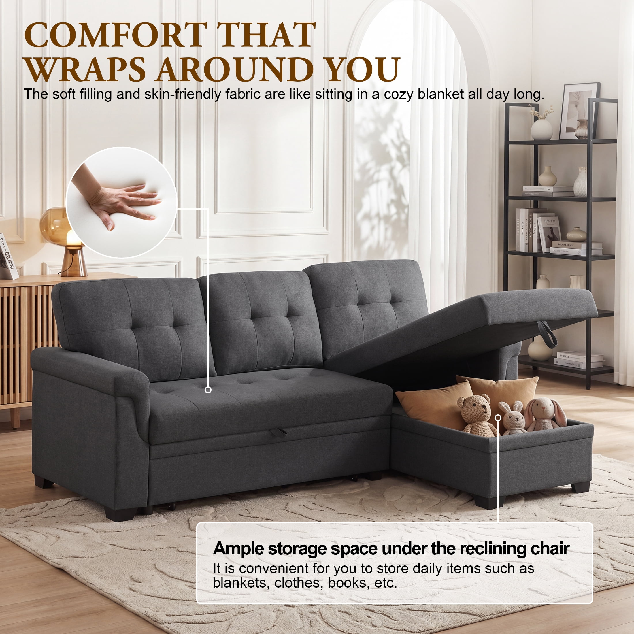 Aenkyo Linen Fabric Reversible Sleeper Sectional Sofa Bed with Storage Chaise, Gray