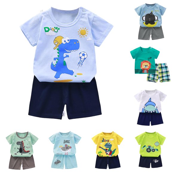 RTKFRFLM Toddler Boys 2 Piece Blue Dinosaur T Shirt Shorts Set Summer Outfit
