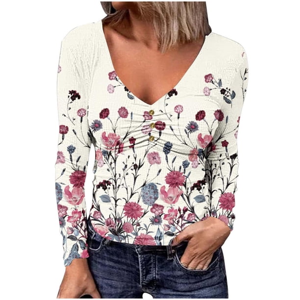 Camiseta de manga larga con cuello en V y estampado informal a la moda para mujer Fridja bvmnju4361