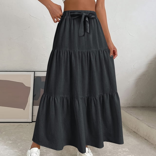 Karight Maxi Skirts for Women Trendy High Waisted Flowy Tiered Linen Skirt Casual Pleated A-Line Beach Long Skirts with Tie