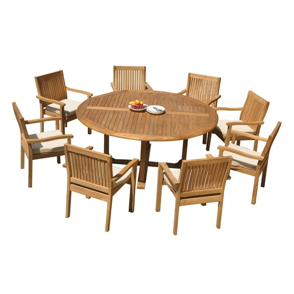 Grade-A Teak Dining Set: 8 Seater 9 Pc: 72" Round Table And 8 Leveb Stacking Arm Chairs Outdoor Patio WholesaleTeak #51LV1709