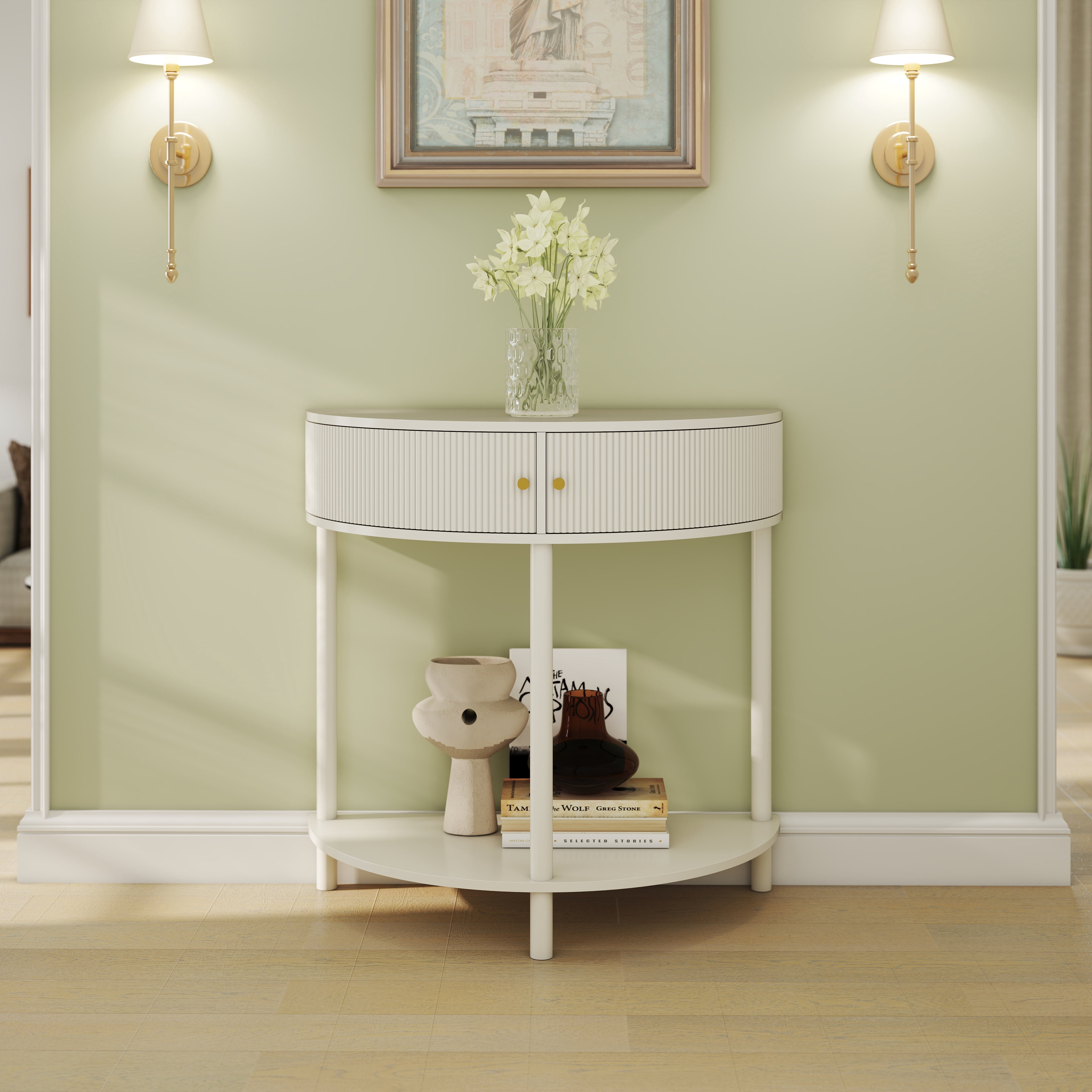 Console Table, End Table, Wave-Pattern Demi-Lune Design with 2 Storage Drawers and Bottom Shelf for Hallway or Bedroom, Cream White