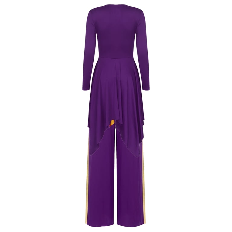 purple praise dance dresses YiZYiF Women Metallic Praise Dance Outfits Liturgical Lyrical Dance Dress  with Pants Worship Costume Purple XXL