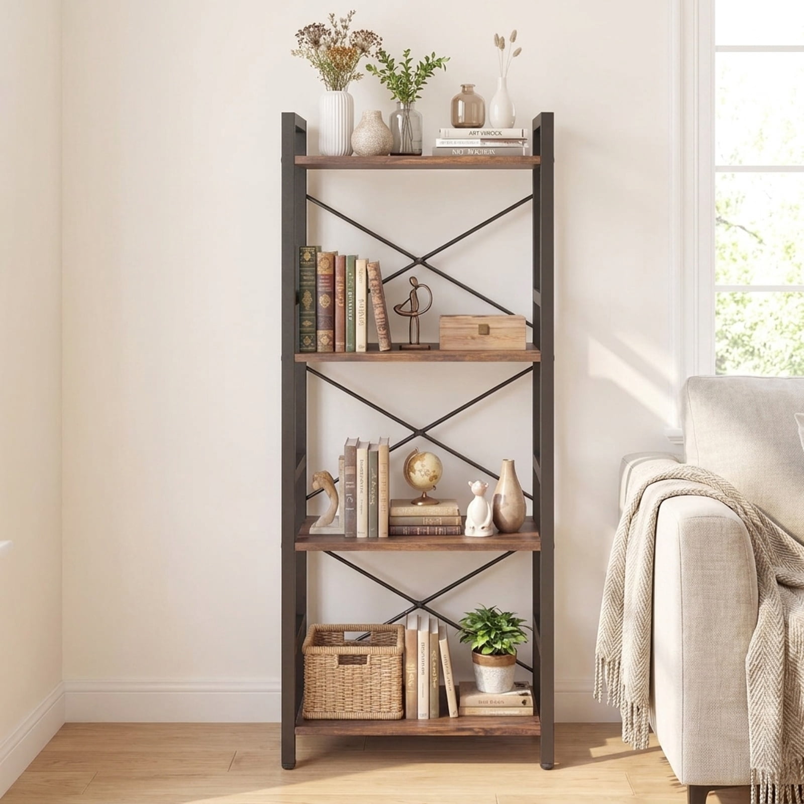 Furnibear 4-Tier Bookshelf Narrow Freestanding Display Shelf with Metal Frame for Living Room Home Office Bedroom Display Storage Shelf, Rustic Brown