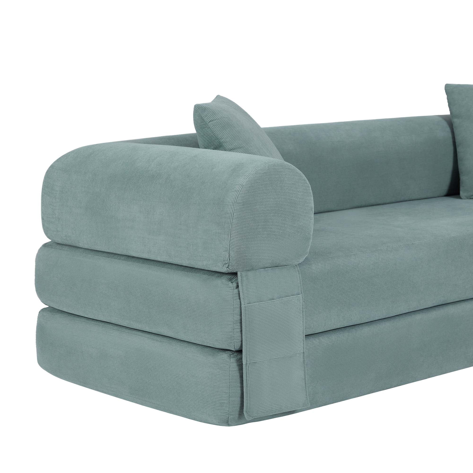 Miniyam 80" W Convertible Sofa, Boneless Couches for Living Room, Folding Sleeper Sofa Bed Queen with Pockets, Corduroy Flod Out Compressed Couch in a Box(Light Green)