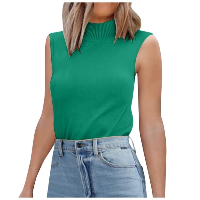 MIASHUI Débardeur Sans Manches en Tricot pour Femmes, Col Roulé Décontracté, Vert, TG