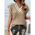 thumbnail image 5 of Oversized Sweater Vest for Women V Neck Cap Sleeve Cable Knit Vest Loose Striped Pullover Tank Tops Khaki S, 5 of 8