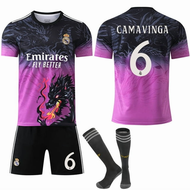 2425 Real Madrid Color Dragon Pattern Special Commemorative Edition No. 9 Mbappe 7 Vinicius 5 Bellingham Black Purple No. 6 with Socks Set20
