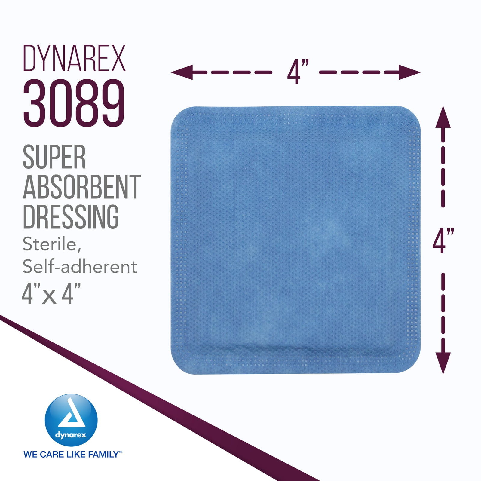 Dynarex DynaSorb Super Absorbent Dressings, Sterile Wound Care, Soft & Absorbent, Multi-Layered, One-Piece, Waterproof, Self-Adhering, 4” x 4”, 1 Case of 120 Super Absorbent Dressings