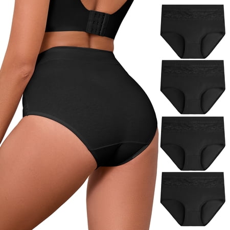 GAI YI Women's High Waisted Briefs Tummy Control Cotton Underwear Ladies Lace Panties 4Pack 2Black+2Black S
