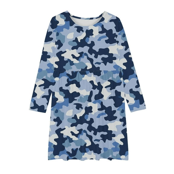 FamilyThread Girls Summer Camouflage Printed Dress Long Sleeve Dress for Girls Swing Twirly Skater Dresses Casual A Line Dresses For 4-12Y