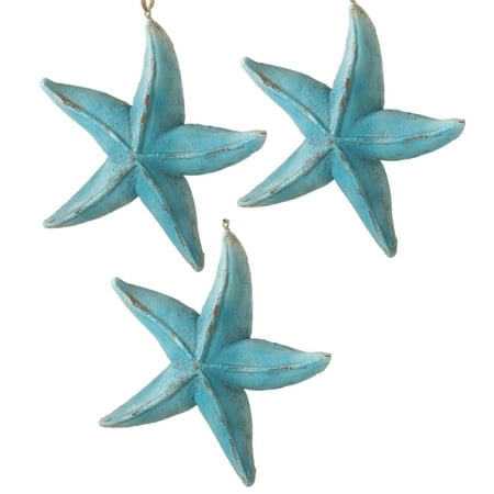 Blue Christmas Holiday Ornaments - Ocean Blue Starfish Christmas Holiday Ornaments Set of 3 Painted Resin