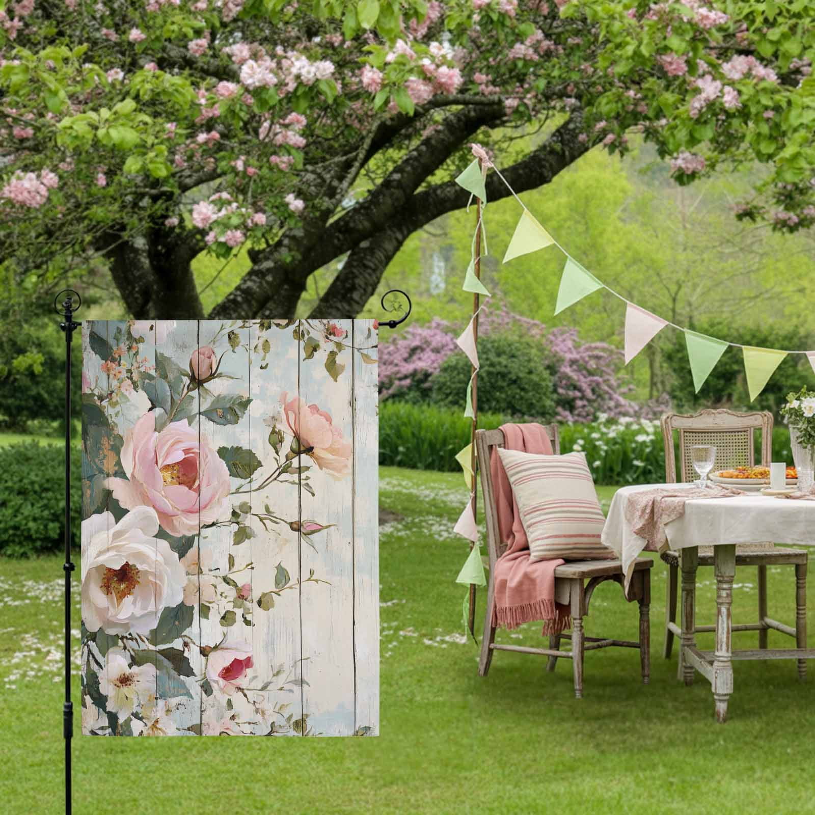 Retro Pink Rose House Flags For Outdoor, White Flowers Leaf Blue Board Pastoral Small Double Side Yard Flags Weather Proof House Decor for Lawn Outside Holiday 28 x 40 Inches