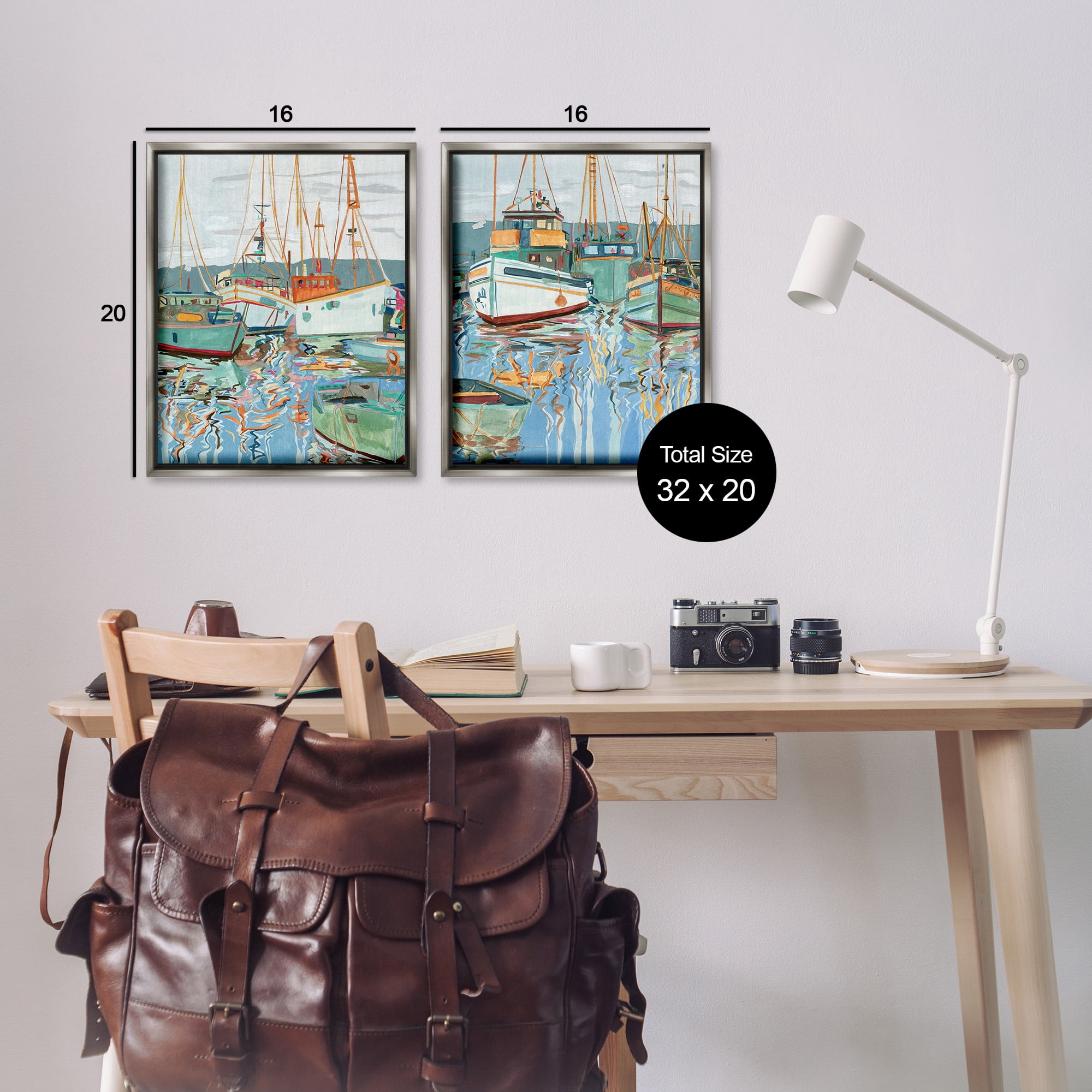 Stupell Industries Marina Ships Reflection Transportation Painting Gray Floater Framed Canvas Art Print Wall Art, 17 x 21, Set of 2