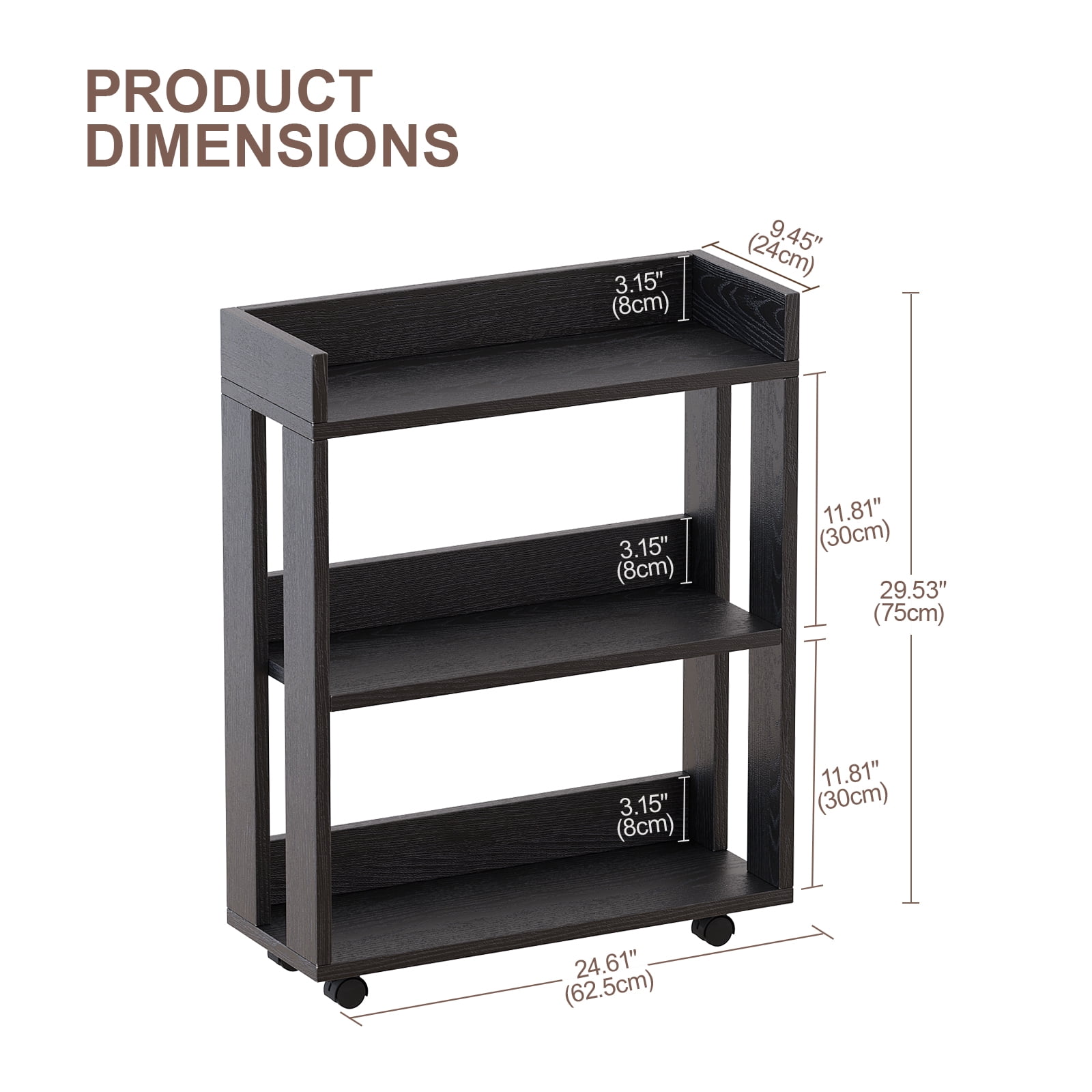 ALISENED 3 Tier Bookshelf and Bookcase with Wheels, Wood Small Nightstand, End Table Storage Rack