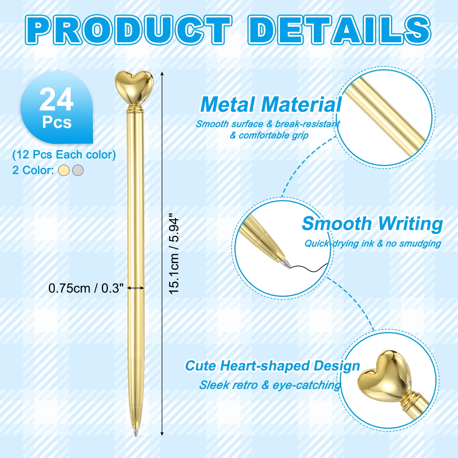 Uxcell Heart Pens 1.0 mm Black Ink, 24 Pcs Metal Cute Pens Heart Ballpoint Retractable for Women Wedding Office Party, Electroplated Gold/Electroplated Silver