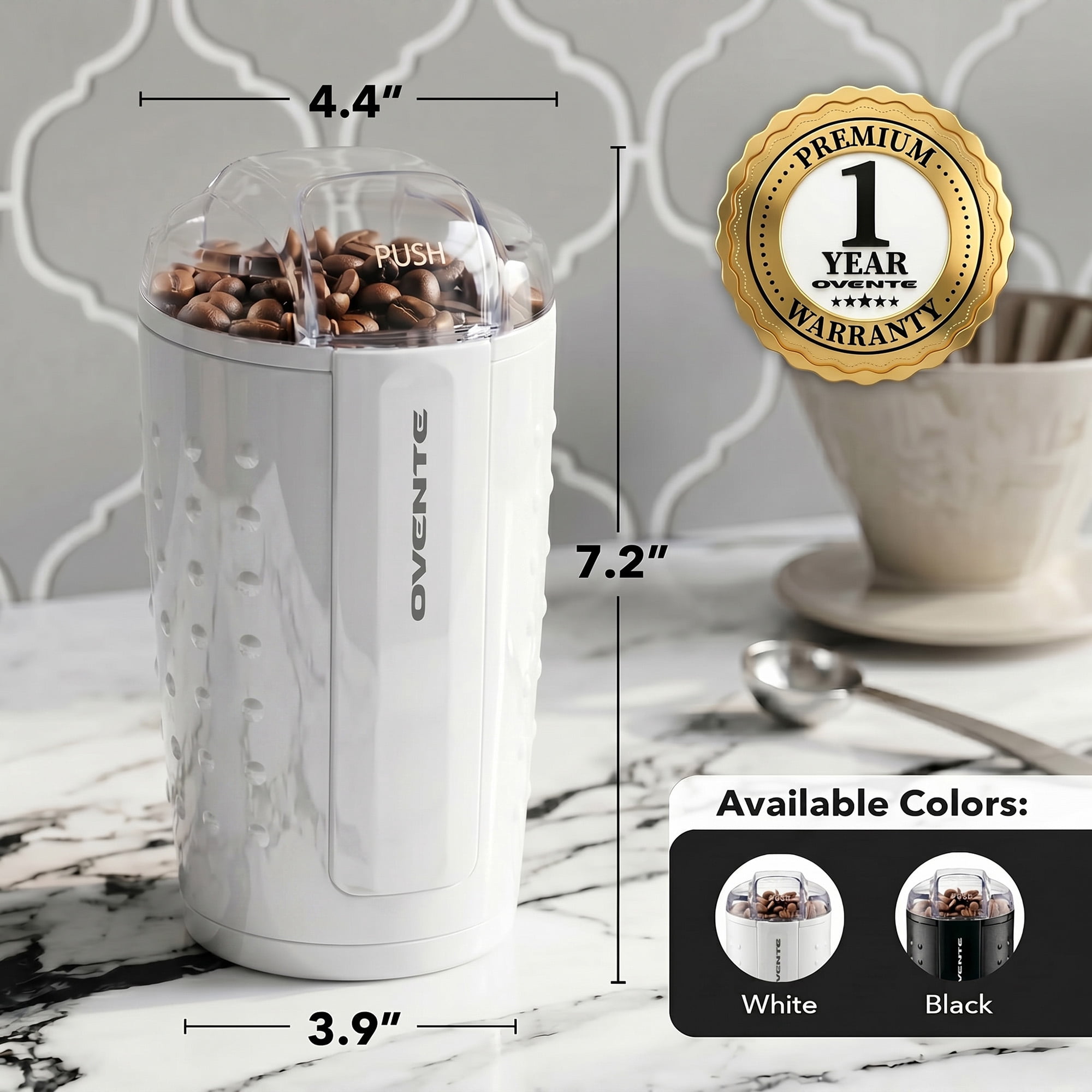 OVENTE Electric Coffee Grinder with One Touch Push-Button, White CG225W | 2.5oz Capacity, 150W Motor, Stainless Steel Blades for Uniform Grinding of Beans, Spices, Herb, Nuts & More, Safety Lock Lid