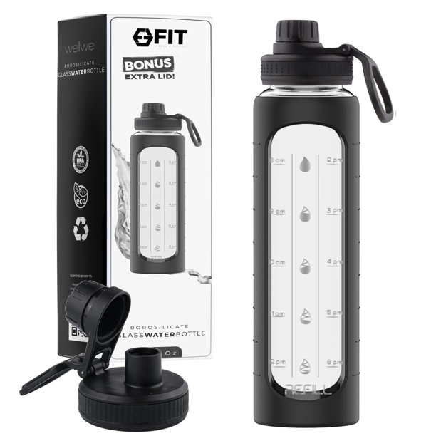 32 oz Glass Water Bottle with Time Marker Reminder and Silicone Sleeve