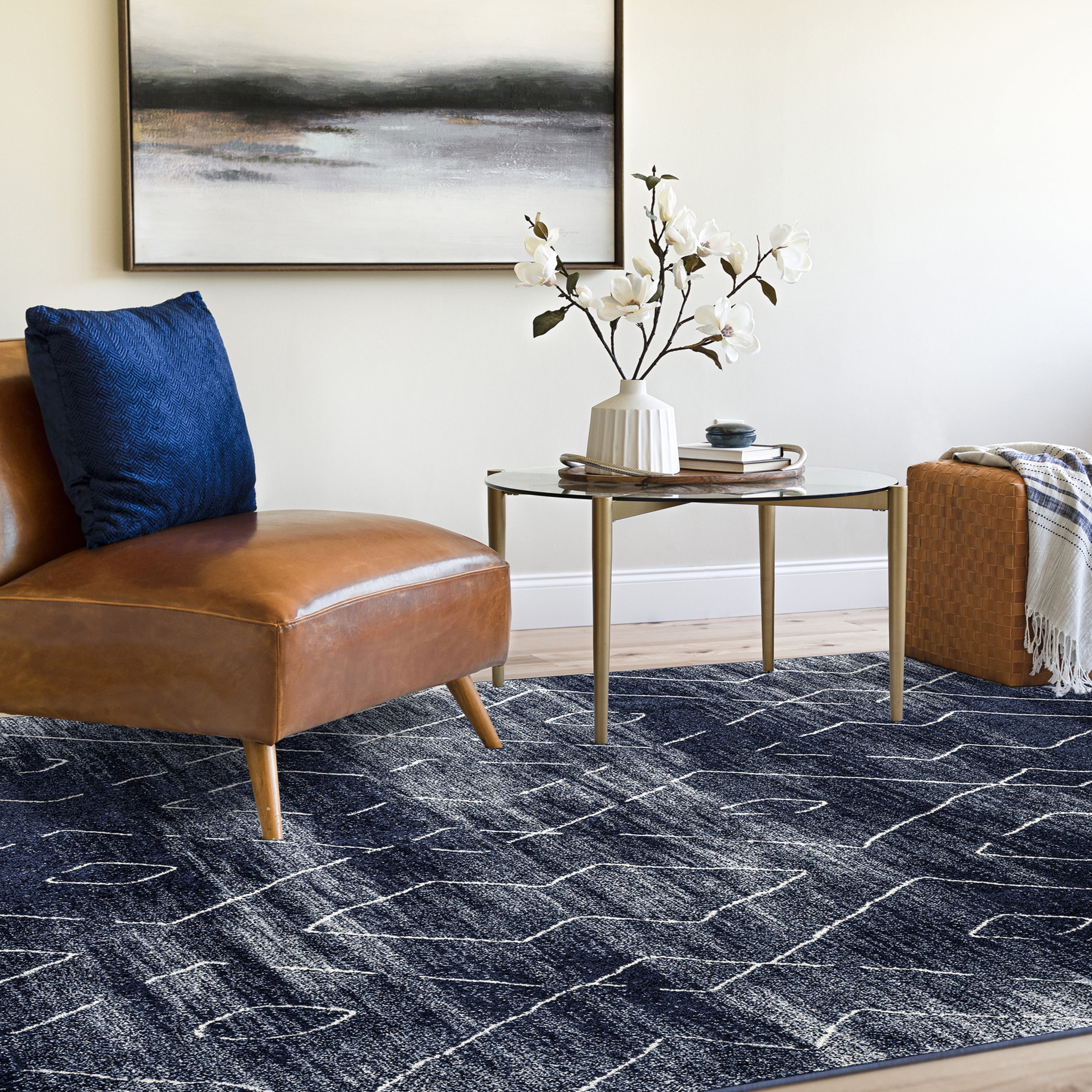 Contemporary 8x10 Area Rug (7'11'' x 10'3'') Geometric Navy, Cream Living Room Easy to Clean