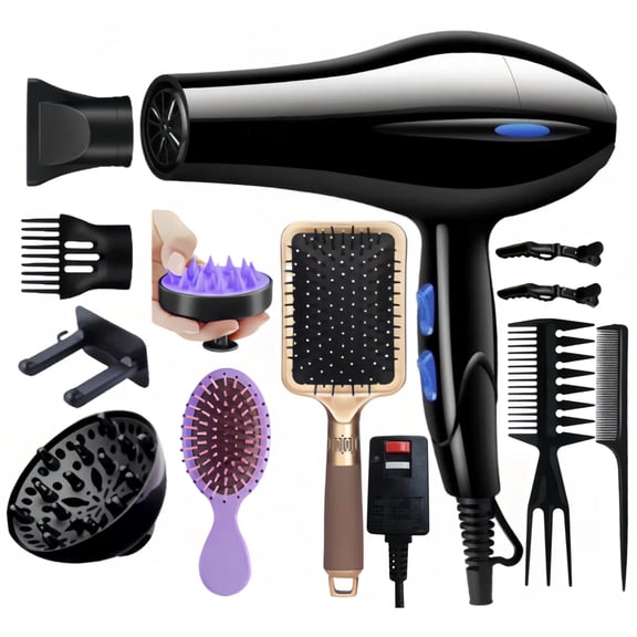 Professional Hair Dryer with 11 Styling Attachments, For Home and Travel, Gift-Ready, Unisex Fast Drying and Hair Care,Black