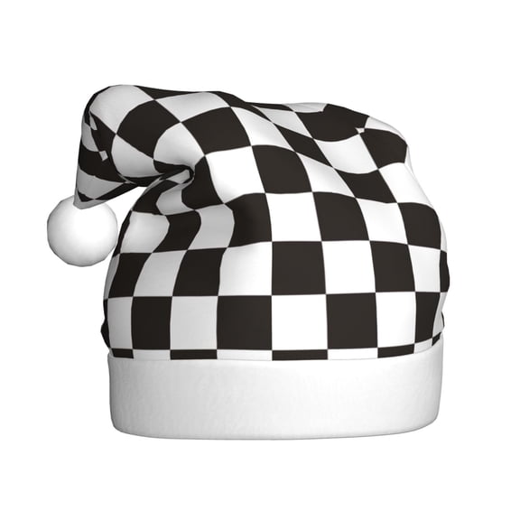 Kowoue Black and White Checkerboard Pattern Santa Hat Christmas Hats for Adults, Holiday Unisex Velvet Comfort Xmas Hat for Women Men