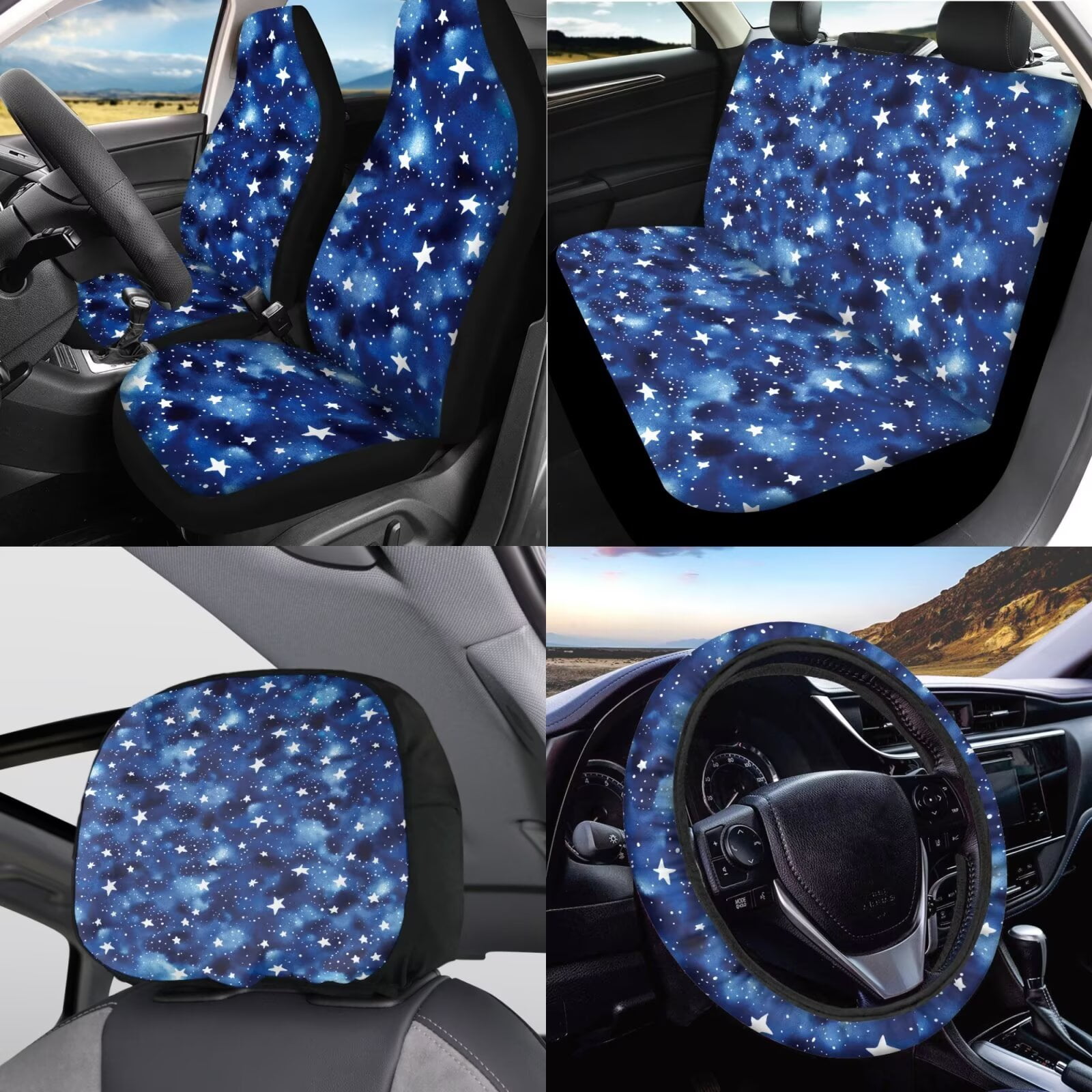 Garronmavis Blue Galaxy Star 11 PCS Car Seat Covers Full Set for Women Men Steering Wheel Cover Gear Shift Cover Handbrake Cover Headrest Cover Cup Coasters Automotive Interior Universal
