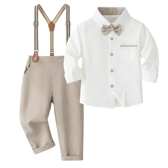 Ketyyh-chn99 Baby Boy Dress Outfit Baby Boy Clothes Suits Toddler Dress Shirt With Bowtie Suspender Pants Outfit Sets Gentleman Wedding Size for 9-12 Months,Khaki