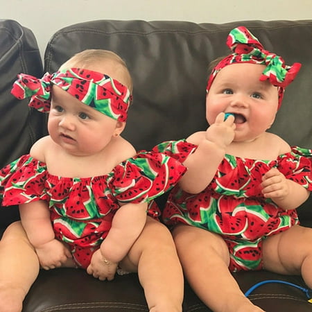

TFFR Toddler Baby Girl Watermelon Print Romper Ruffles Summer Sleeveless Jumpsuit Clothes with Headband