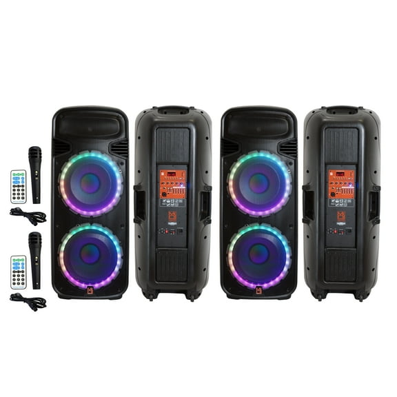 2  Dual 15" Portable Rechargeable 4000W Max Powered Active PA DJ Party Speaker with Built-In Bluetooth & LED Light