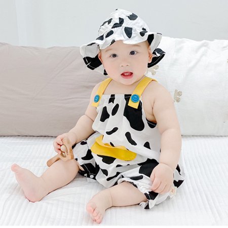 BLTIBY 2025 Newborn Baby Girl Boy Summer Romper Printed Sleeveless Overalls Outfits Infant Fashion Bodysuit with Hat White 12-18 Months