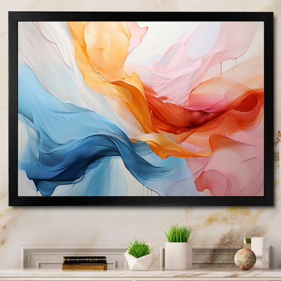 Designart "Soothing Swirls Pink and Blue Symphony I" Abstract Framed Wall Art Decor - Modern Pink Abstract Painting Living Room Framed Canvas Art