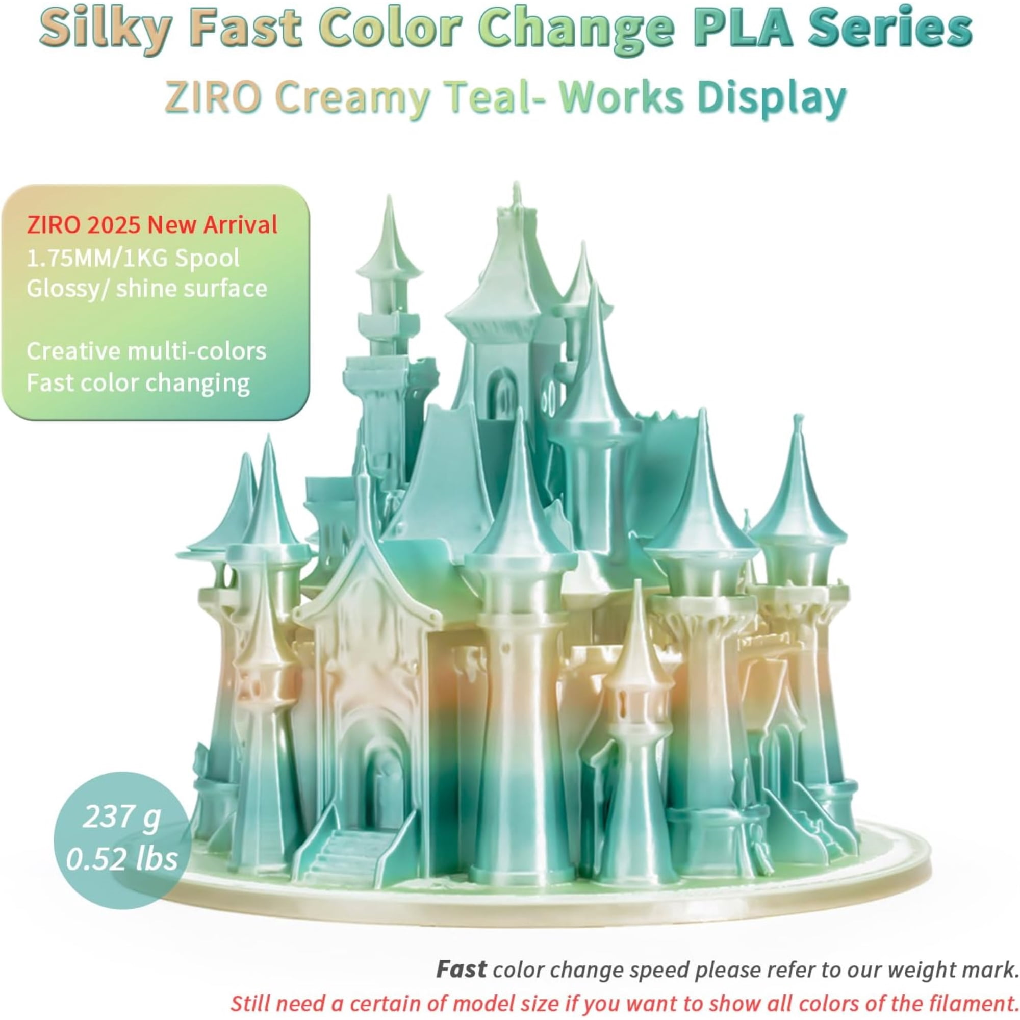 Ziro 3D Gradient Silk PLA Filament 1.75mm 1kg, Creamy teal