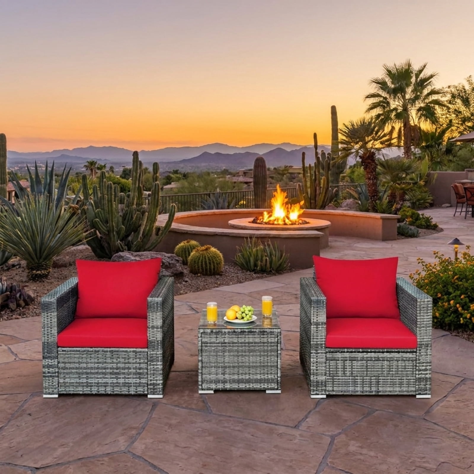 Biotree Patio Furniture Set 3 Pcs Rattan Outdoor Bistro Conversation Set with Cushioned Sofas and Coffee Table for Garden Backyard Porch, Red