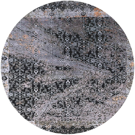 Ahgly Company Indoor Round Mid-Century Modern Dark Gray Black Oriental Area Rugs, 6' Round