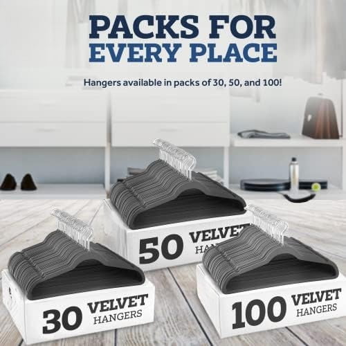 Velvet Hangers 50 Pack - Heavy Duty Gray Hangers for Coats, Pants & Dress Clothes - Non Slip Clothes Hanger Set - Space Saving Felt Hangers for Clothing