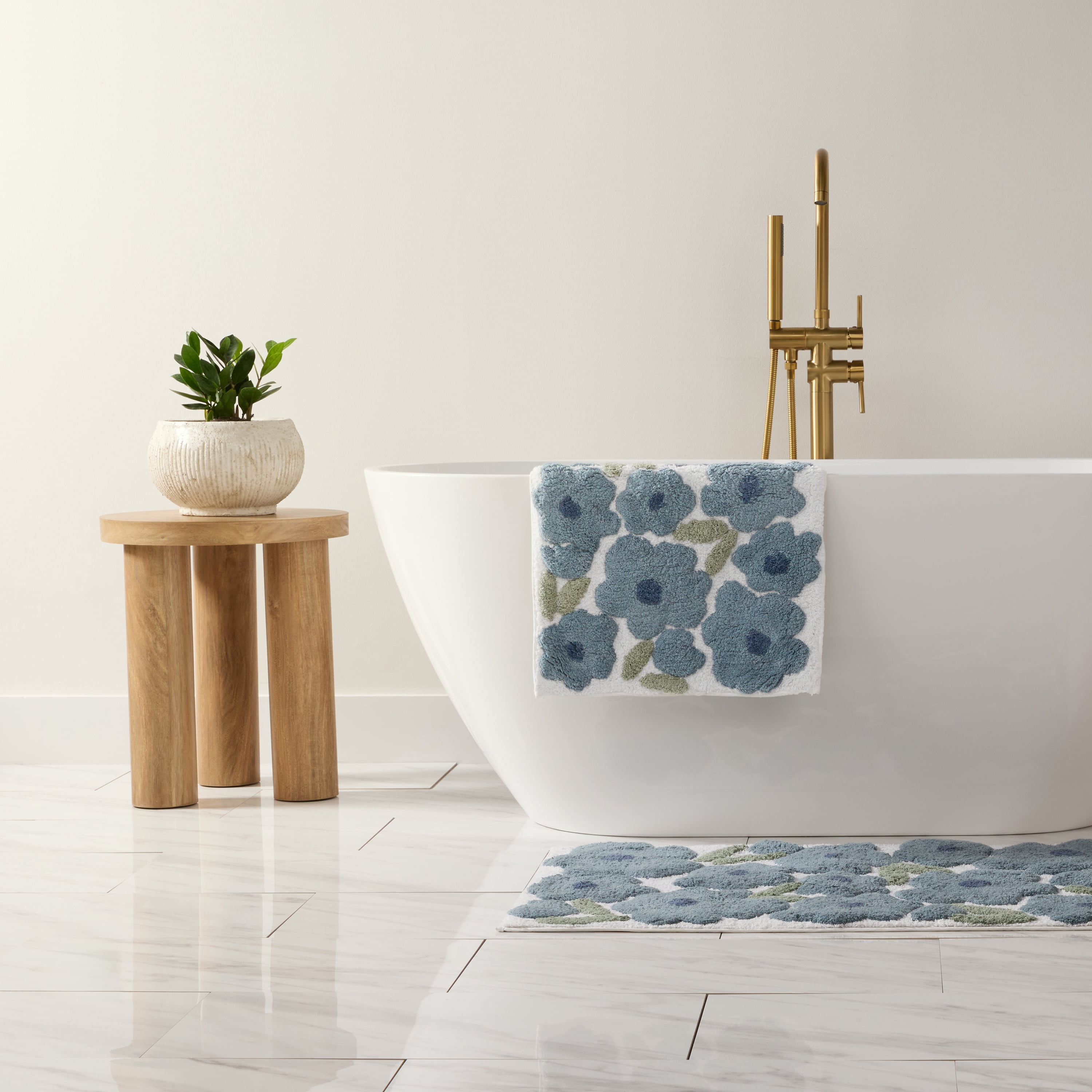 100% Cotton Floral Patterned Bath Mat by Comfort Canopy, Light Blue Blossoms, 24" x 17"