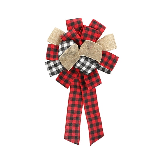 Ohmyroo Buffalo Plaid Large Christmas Tree Topper Bow, Red Black Checkered Fabric Bow with Burlap Accents and Long Tails, Farmhouse Xmas Tree Crown for Wreath Mantel Staircase Holiday Decor
