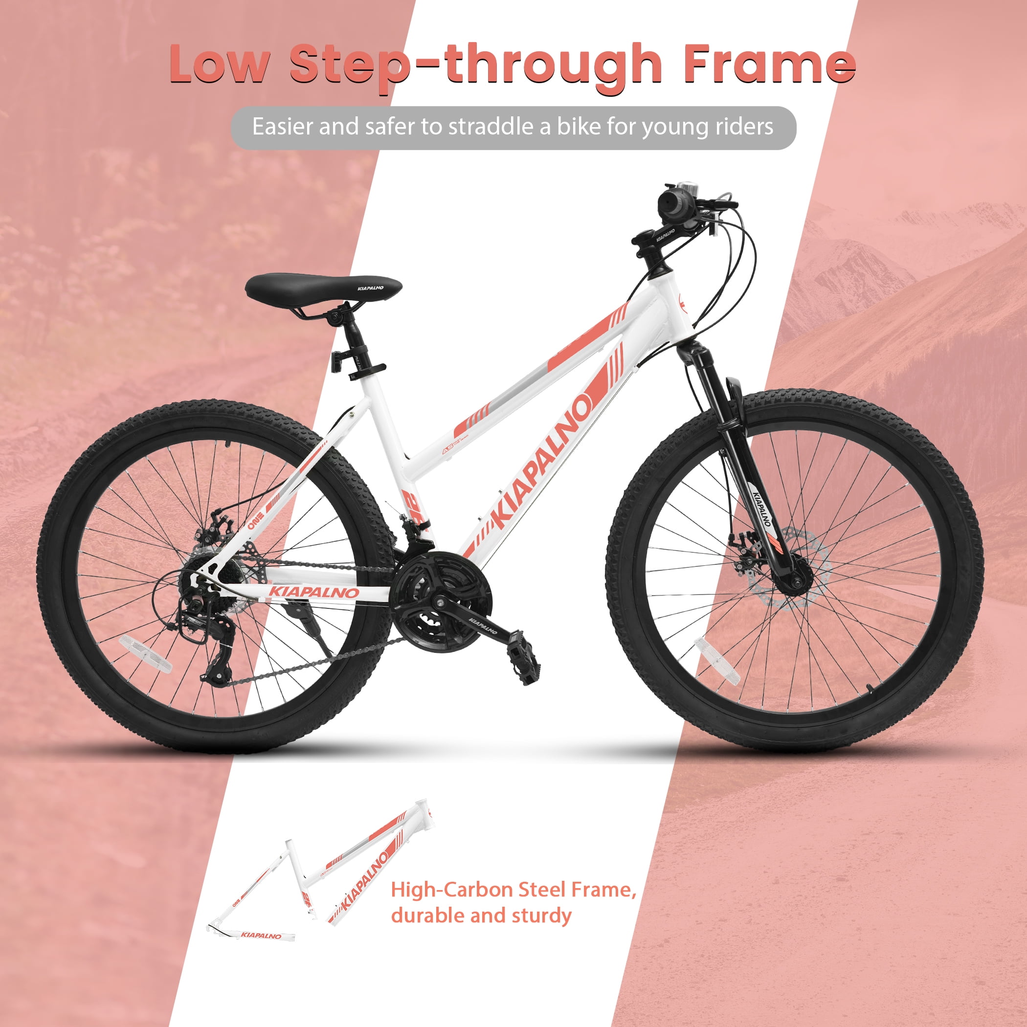 24 inch Women Mountain Bike, 21 Speeds Mountain Bicycle with Steel Frame, Dual Disc Brakes and 100mm Front Suspension, MTB Bike for Urban Trail Snow Commuter, White