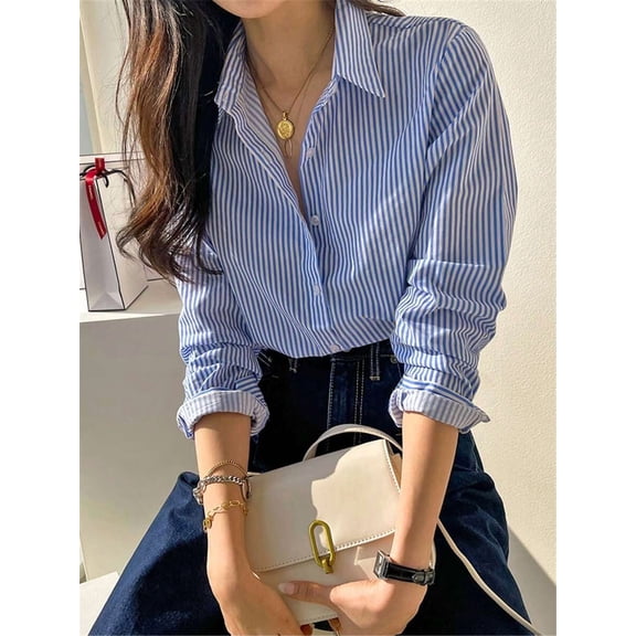 Women's Striped Button Down Shirt Long Sleeve Collared Blue Blouse
