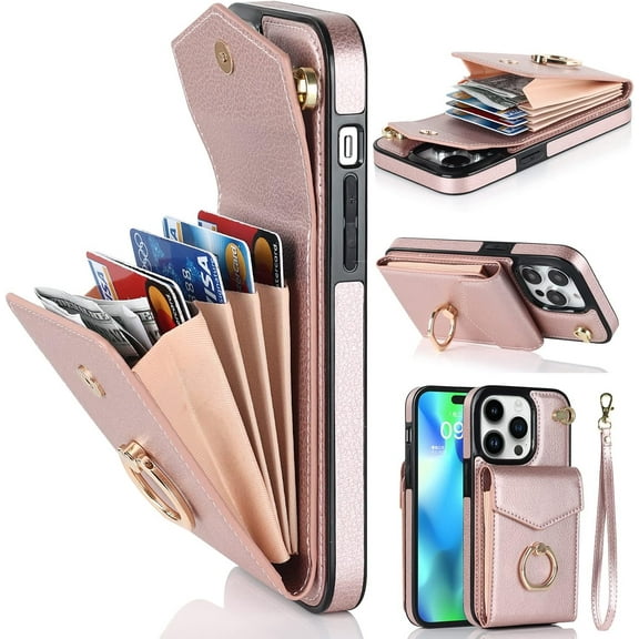 Leather Wallet Phone Cases Compatible with iPhone 14 Pro Max Case with Card Holder for Women 6.7'' Ring Kickstand RFID Blocking Protective (Pink,IP 14 Pro Max)