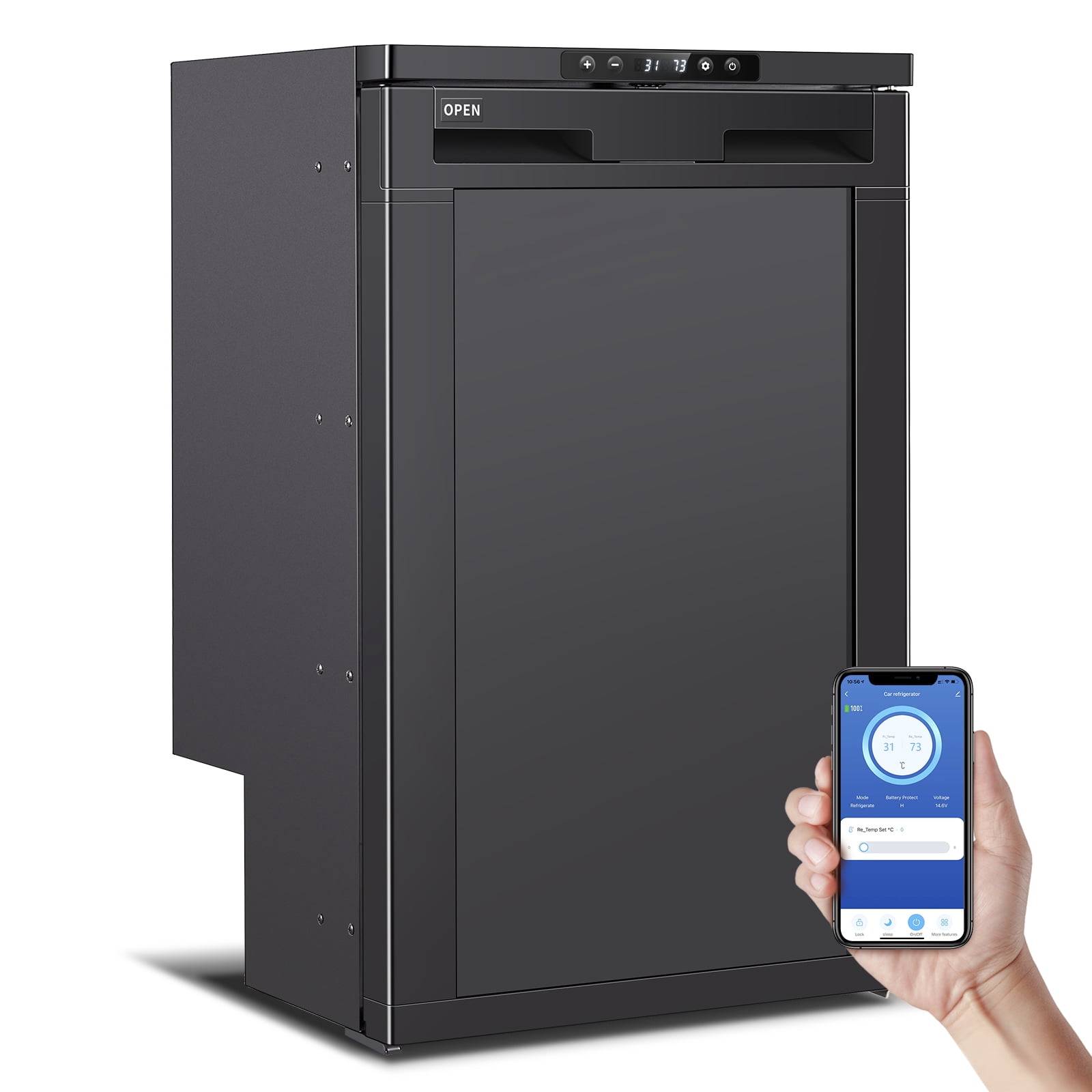 Refrigerator With App Control, Portable Car Freezer Fridge With Lock, Camper, And Travel, Dc, Black