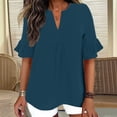 thumbnail image 2 of Edvintorg Summer Shirts for Women Cotton Linen V Neck Short Ruffle Sleeve Loose Casual Tops Womens Blouses Women Clothing Navy L, 2 of 9