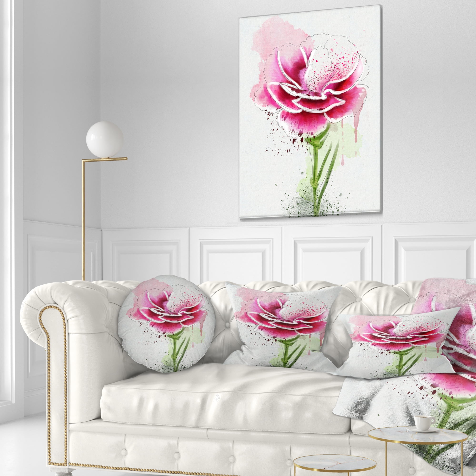 Designart Pink Hand drawn Watercolor Flower - Floral Throw Pillow - 12x20