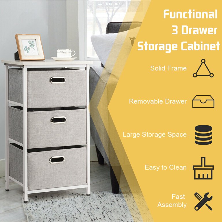 White 3-Drawer Storage Cabinet with Foldable Fabric Storage Bins