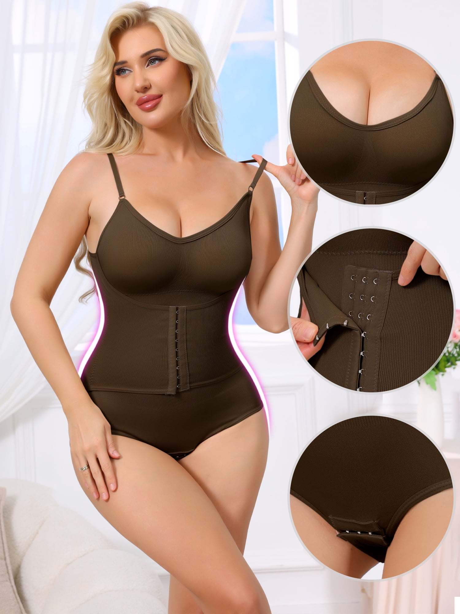 DARING DIVA Women's V Neck Push Up Butt Lifting Front Hook Bodysuit S Coffee