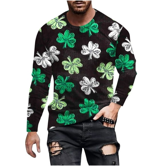 Pompotops Nouveau Saint Patrick Hommes 3D Imprimé Manches Longues T-shirt Sous-Poil Rond en Vrac Top Chemisiers et Chemises en Vente