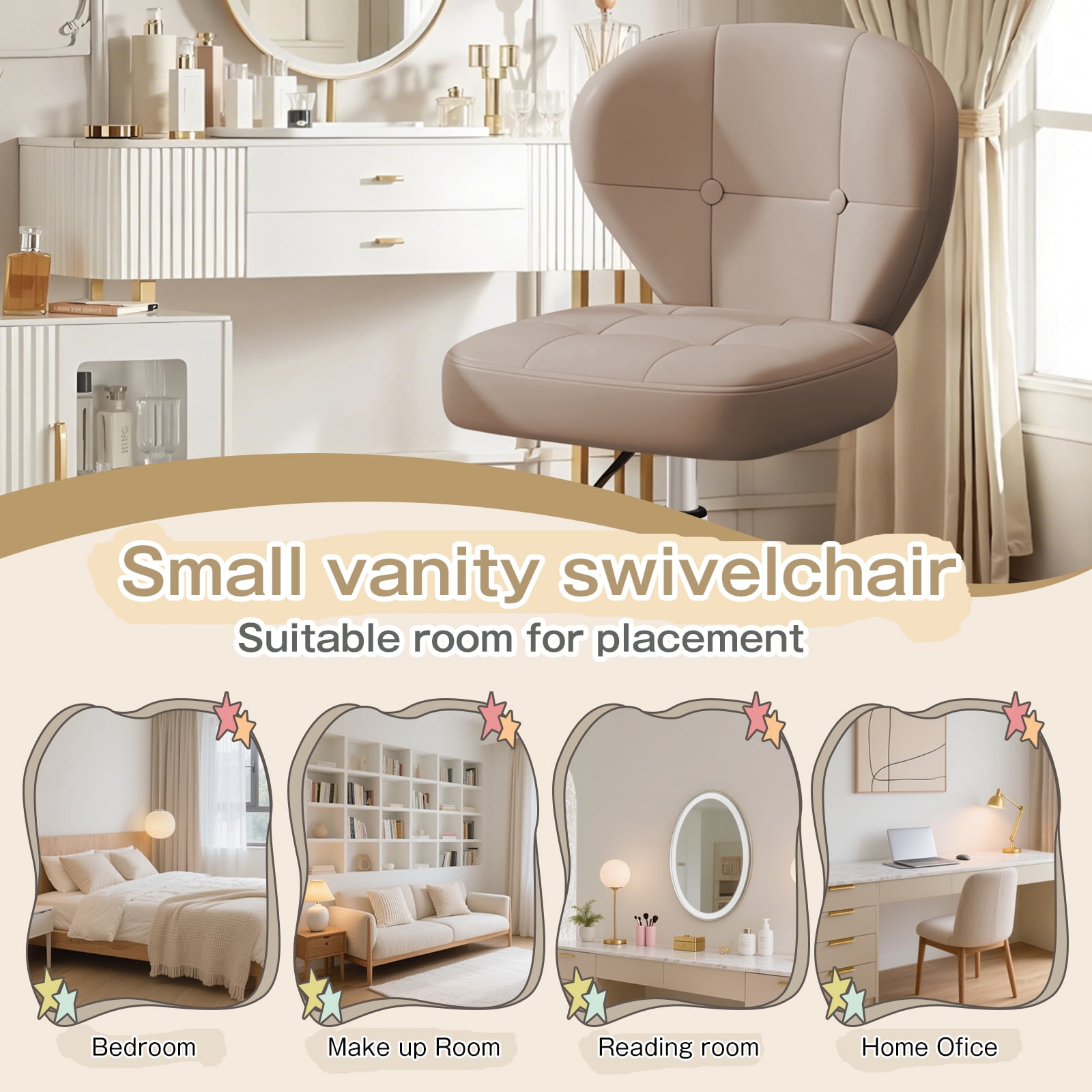 Vanity Chair with Back – Small Armless Office Chair with Wheels, Lumbar Support, PU Leather, Adjustable Height, 360° Swivel for Home, Bedroom, Office Khaki