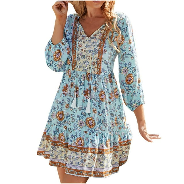 Robe d'Invitée de Mariage, Style Bohème, Col en V, Manches 3/4, Imprimée, Minirobe à Pois, Robe Bustier, Robe Longue, Robe Longue