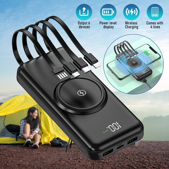Portable Charger with Built in Cables, 10000mAh Slim USB C Power Bank,4 Output 2 Input LED Display External Battery Pack Phone Charger Compatible with iPhone,Samsung,Android